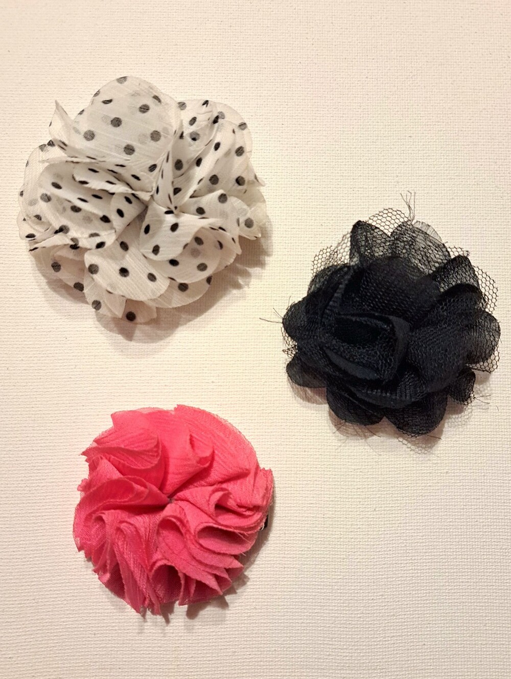Set Of 3 Kids Floral Fabric Hair Clips - Pink, Black, White Polka Dot